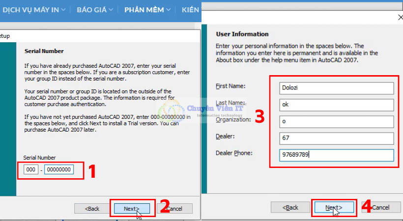 Thao tác theo các bước đánh số như hình.