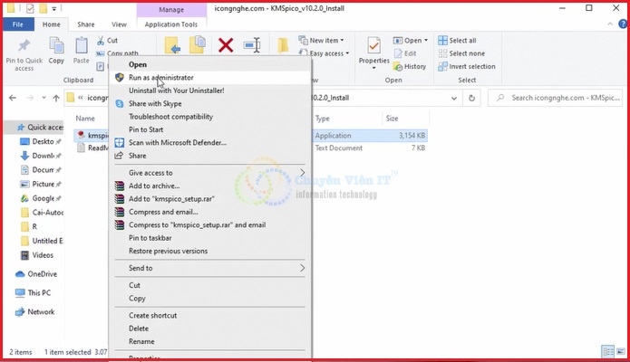 Mở file bằng run administrator